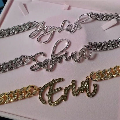 'Hold My Diamonds' Cursive Custom Name Cuban Link Necklace