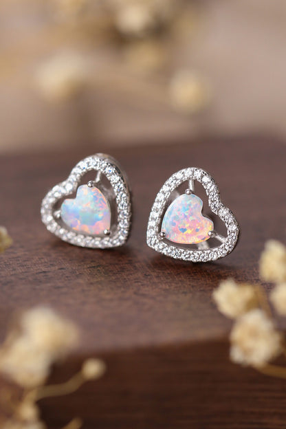 925 Sterling Silver Opal Heart Stud Earrings One Size Earrings by Trendsi | BlingxAddict