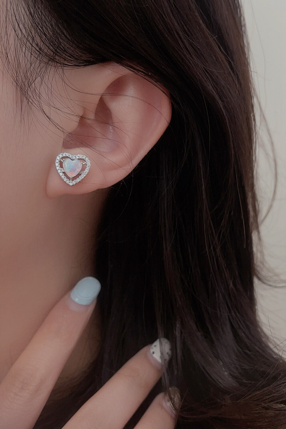 925 Sterling Silver Opal Heart Stud Earrings One Size Earrings by Trendsi | BlingxAddict
