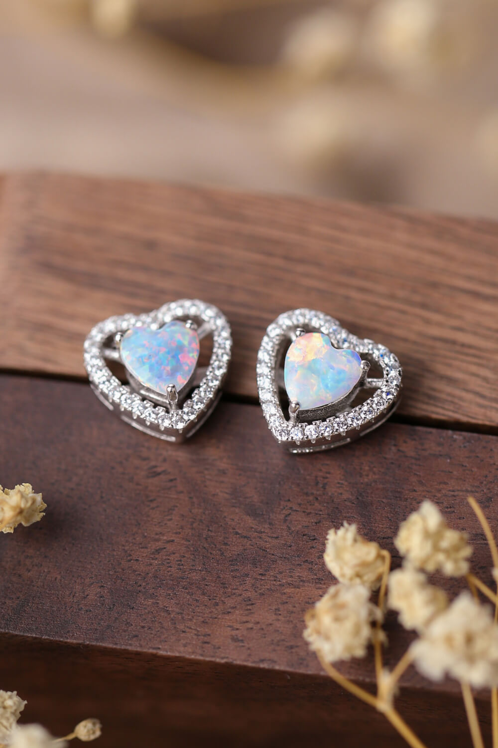 925 Sterling Silver Opal Heart Stud Earrings White One Size Earrings by Trendsi | BlingxAddict