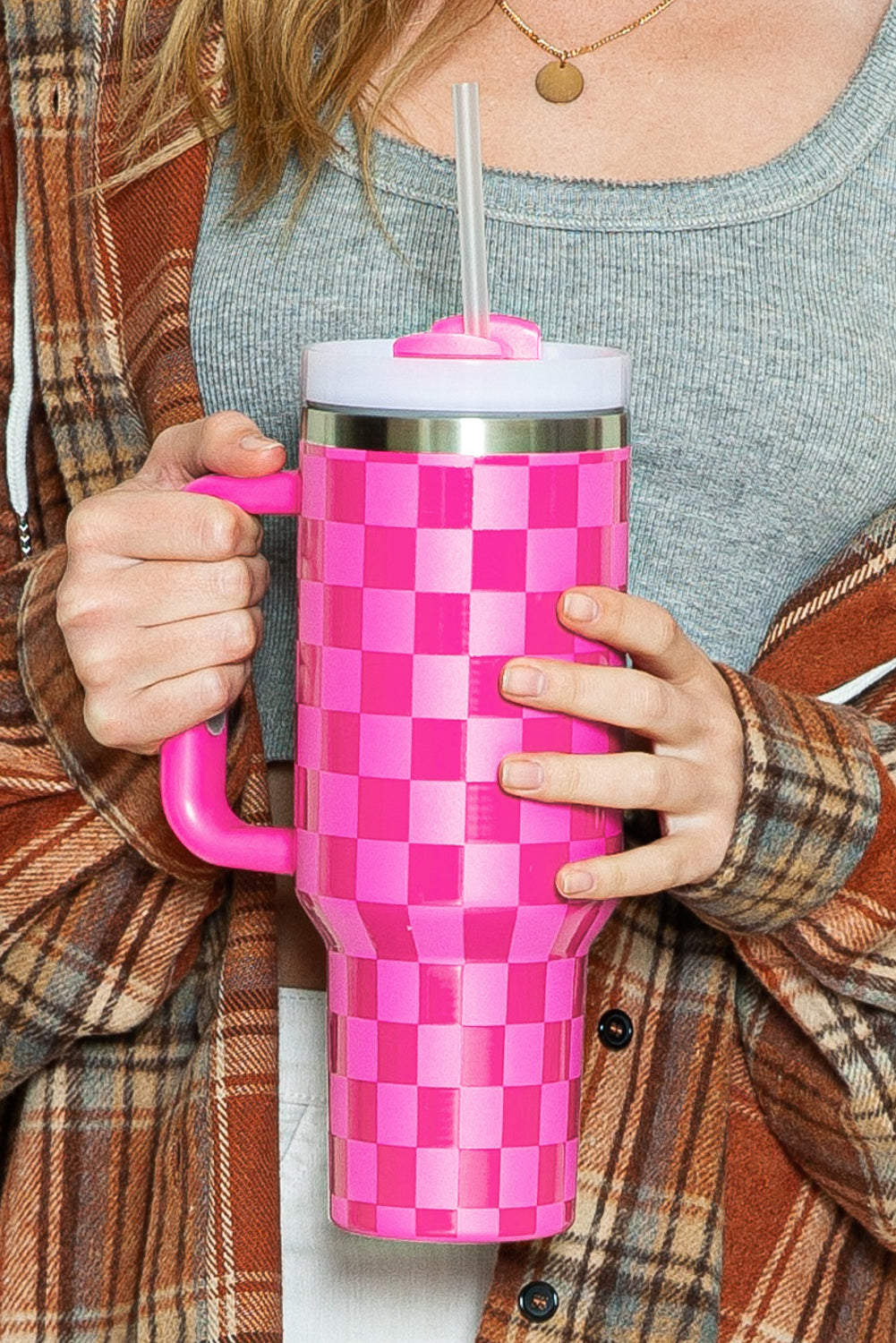 Bright Pink Checkered Print Handled Stainless Steel Tumbler Cup 40oz Dark Pink ONE SIZE 100%Alloy Accessories by BlingxAddict | BlingxAddict