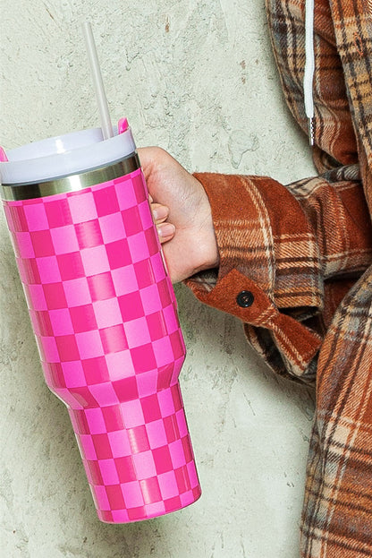 Bright Pink Checkered Print Handled Stainless Steel Tumbler Cup 40oz Dark Pink ONE SIZE 100%Alloy Accessories by BlingxAddict | BlingxAddict