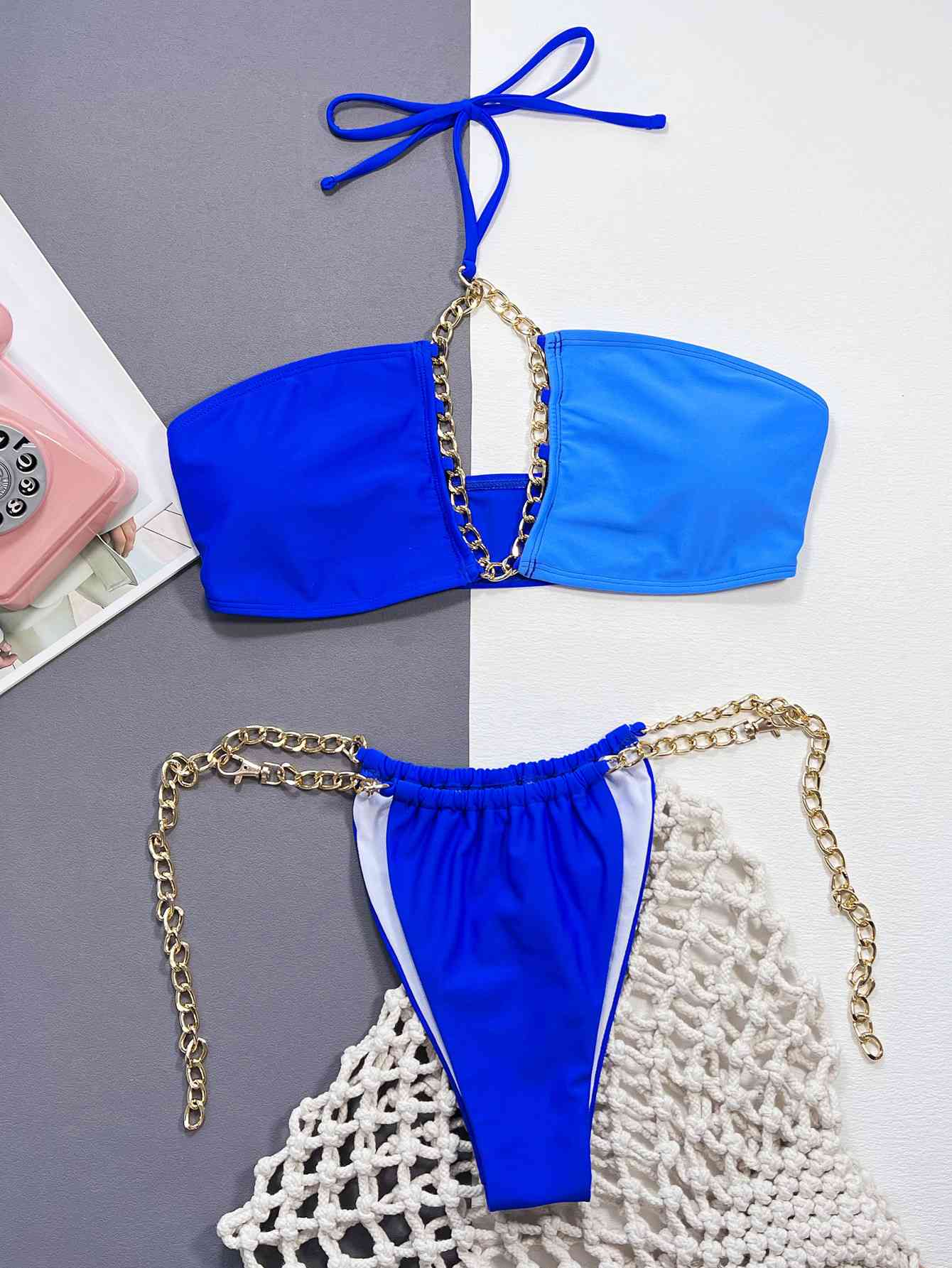 Chain Detail Halter Neck Bikini Set Royal Blue CLOTHING, SHOES & ACCESSORIES by Trendsi | BlingxAddict