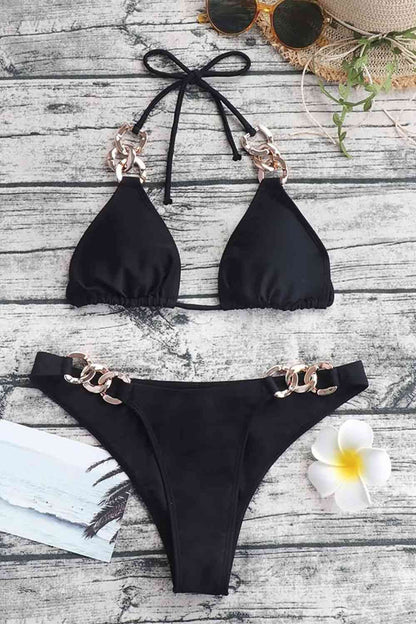 Chain Detail Tied Halter Neck Bikini Set Black by Trendsi | BlingxAddict