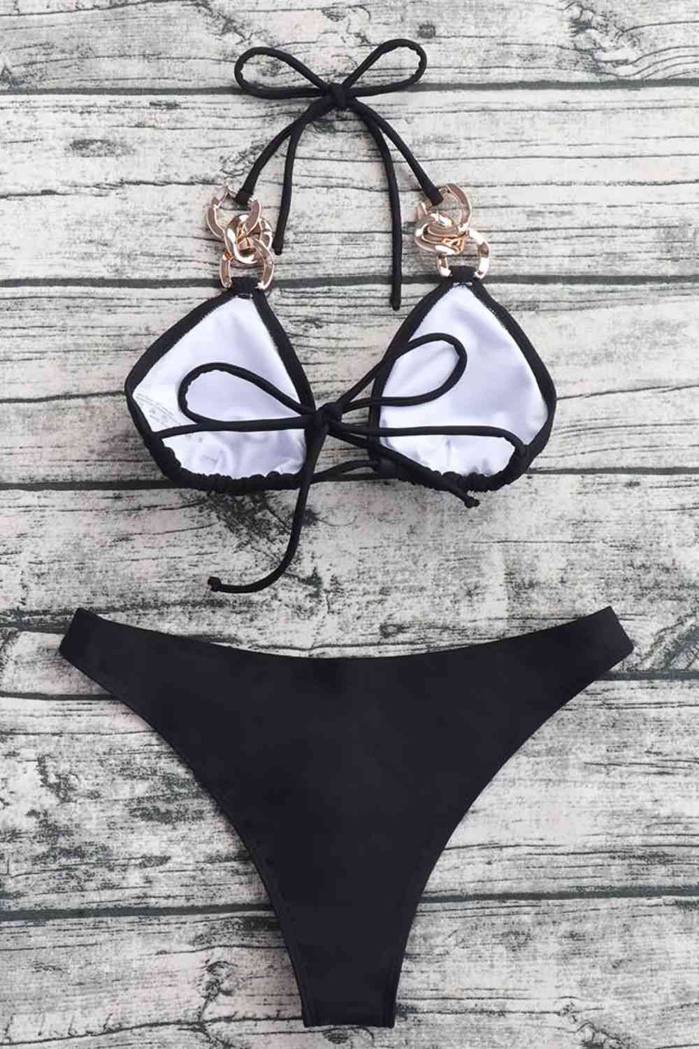 Chain Detail Tied Halter Neck Bikini Set Black by Trendsi | BlingxAddict
