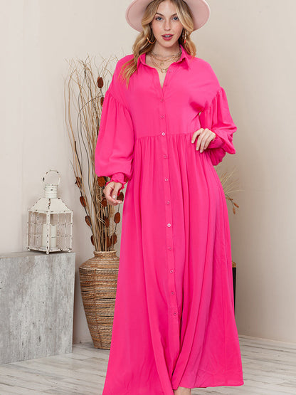 Collared Neck Button-Up Maxi Dress Hot Pink S by Trendsi | BlingxAddict