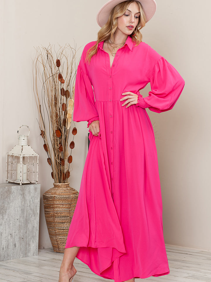 Collared Neck Button-Up Maxi Dress Hot Pink by Trendsi | BlingxAddict