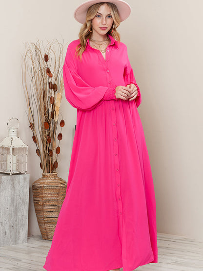 Collared Neck Button-Up Maxi Dress Hot Pink by Trendsi | BlingxAddict