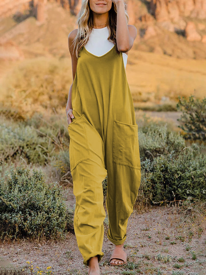 Double Take Full Size Sleeveless V-Neck Pocketed Jumpsuit Banana Yellow S by Trendsi | BlingxAddict
