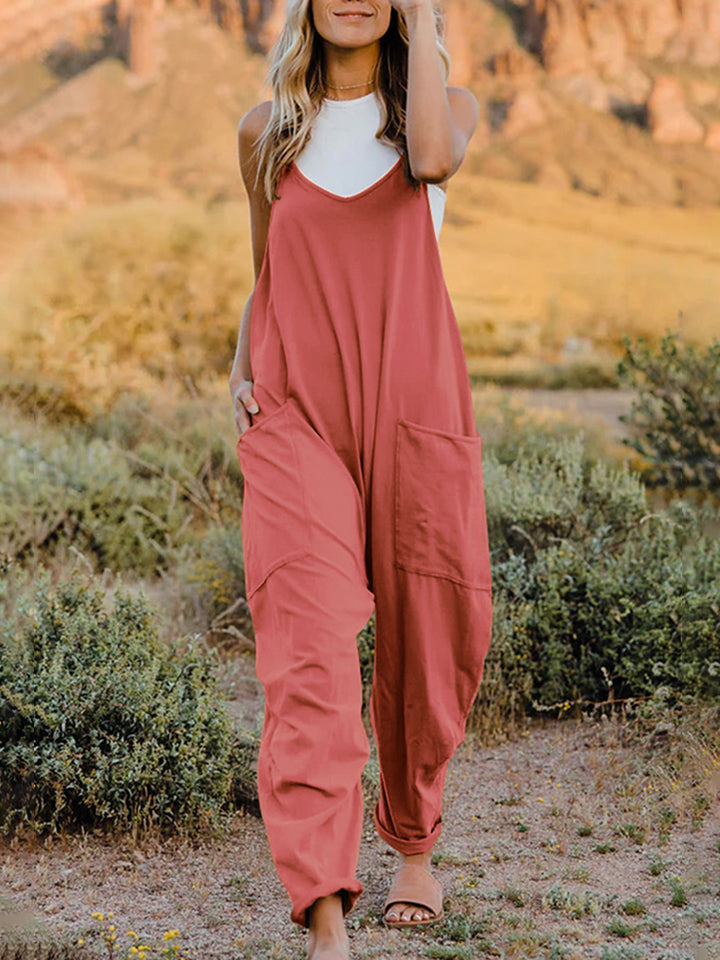 Double Take Full Size Sleeveless V-Neck Pocketed Jumpsuit Red Orange S by Trendsi | BlingxAddict