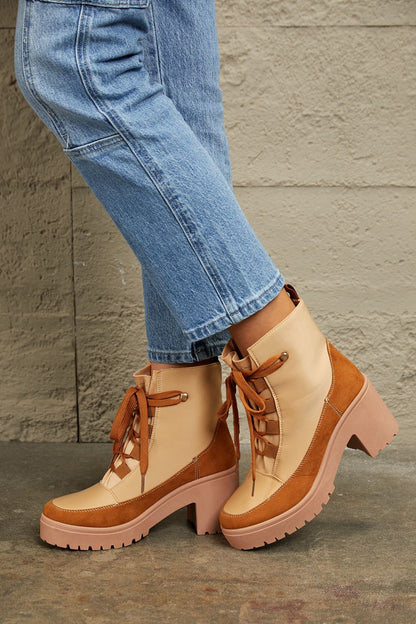East Lion Corp Lace Up Lug Booties Tan by Trendsi | BlingxAddict