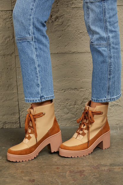 East Lion Corp Lace Up Lug Booties Tan by Trendsi | BlingxAddict