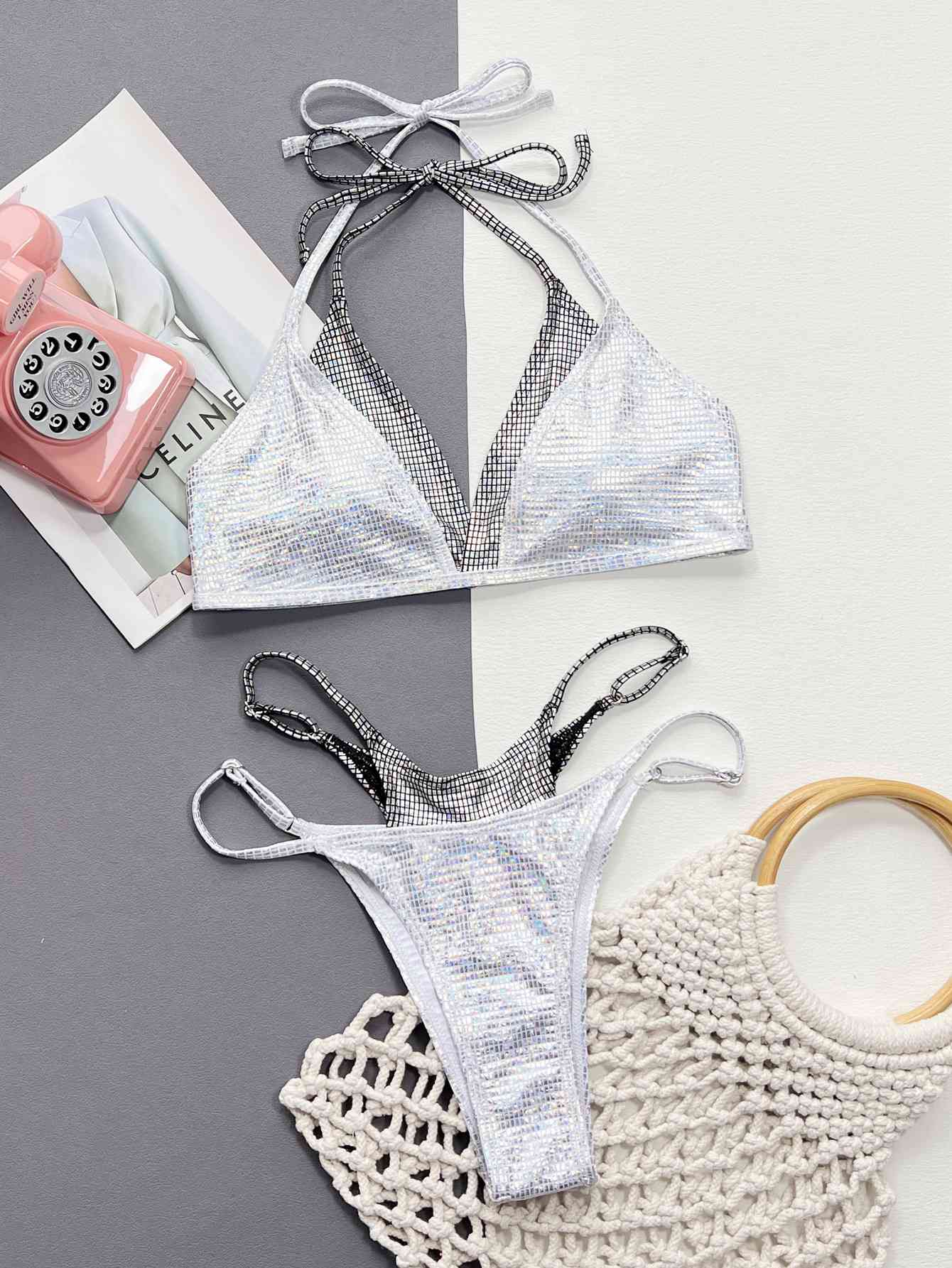 Faux Layered Halter Neck Two-Piece Bikini Set Silver by Trendsi | BlingxAddict