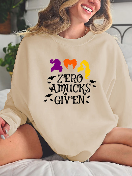 Full Size Round Neck Long Sleeve ZERO AMUCKS GIVEN Graphic Sweatshirt Tan S by Trendsi | BlingxAddict