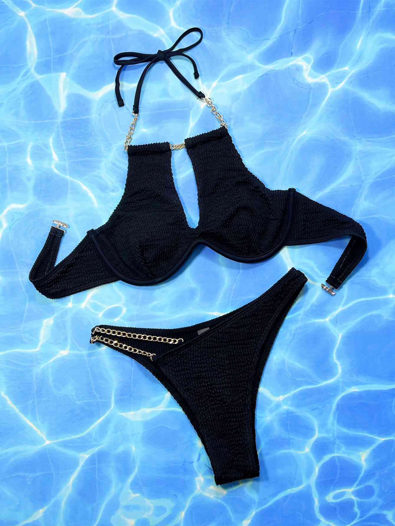 Halter Neck Chain Detail Two-Piece Bikini Set Black by Trendsi | BlingxAddict