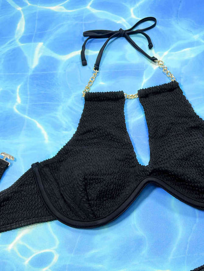 Halter Neck Chain Detail Two-Piece Bikini Set Black by Trendsi | BlingxAddict