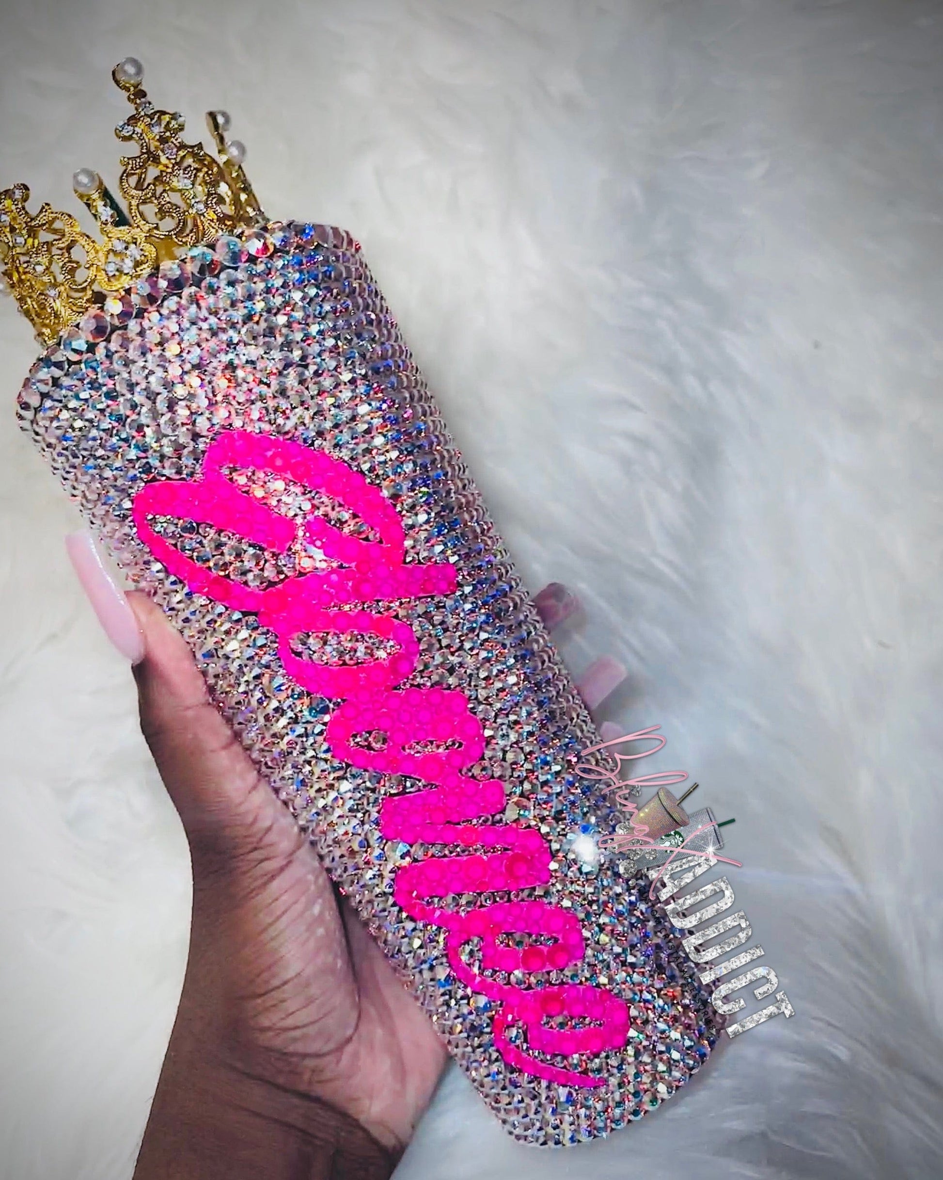 I’m The Queen - Custom Swarovski Crystal Ab & Neon Bling 24oz Starbucks Crown Tumbler Neon Pink by BlingxAddict | BlingxAddict