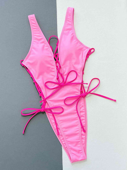 Lace-Up Deep V Sleeveless One-Piece Swimsuit Fuchsia Pink by Trendsi | BlingxAddict