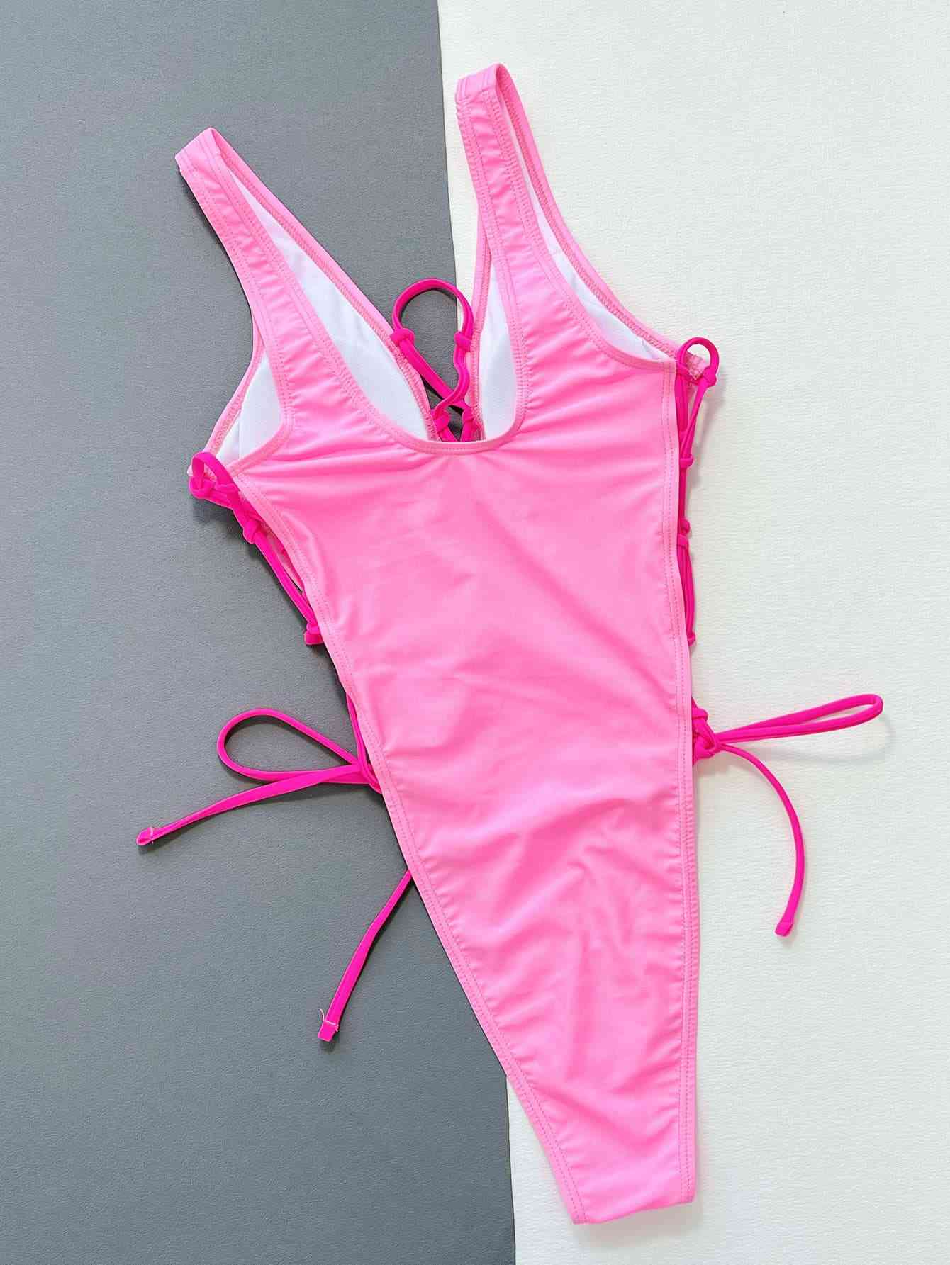 Lace-Up Deep V Sleeveless One-Piece Swimsuit Fuchsia Pink by Trendsi | BlingxAddict
