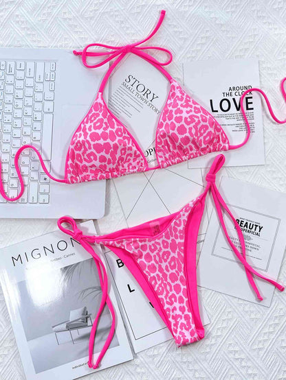 Leopard Print Halter Neck Tie Side Bikini Set by Trendsi | BlingxAddict