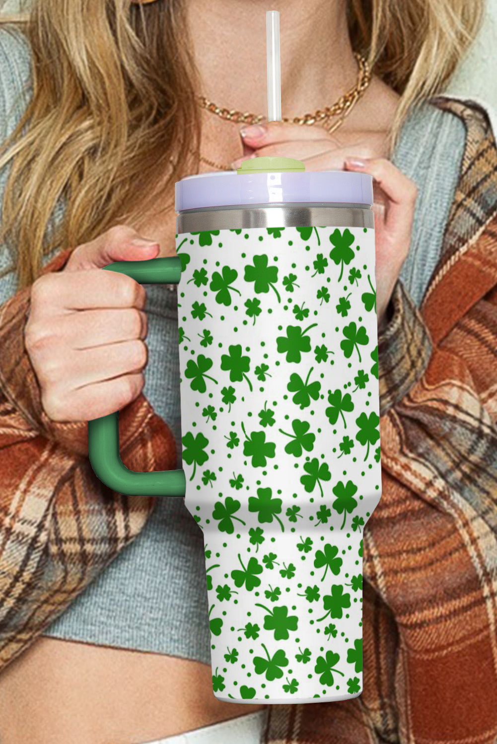 Lucky You! Clover Print Thermos Cup with Handle 1200ml Dark Green ONE SIZE 100%Alloy Accessories by BlingxAddict | BlingxAddict