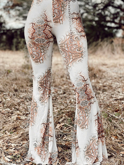 Printed Bodyline Flare Pants Beige S by Trendsi | BlingxAddict