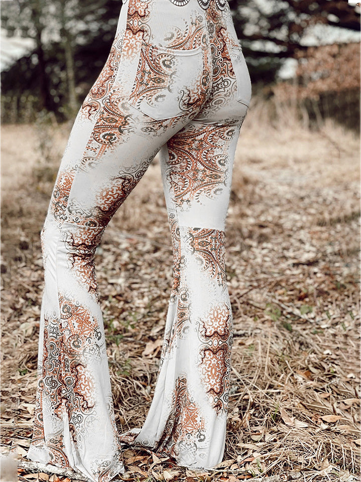 Printed Bodyline Flare Pants Beige by Trendsi | BlingxAddict