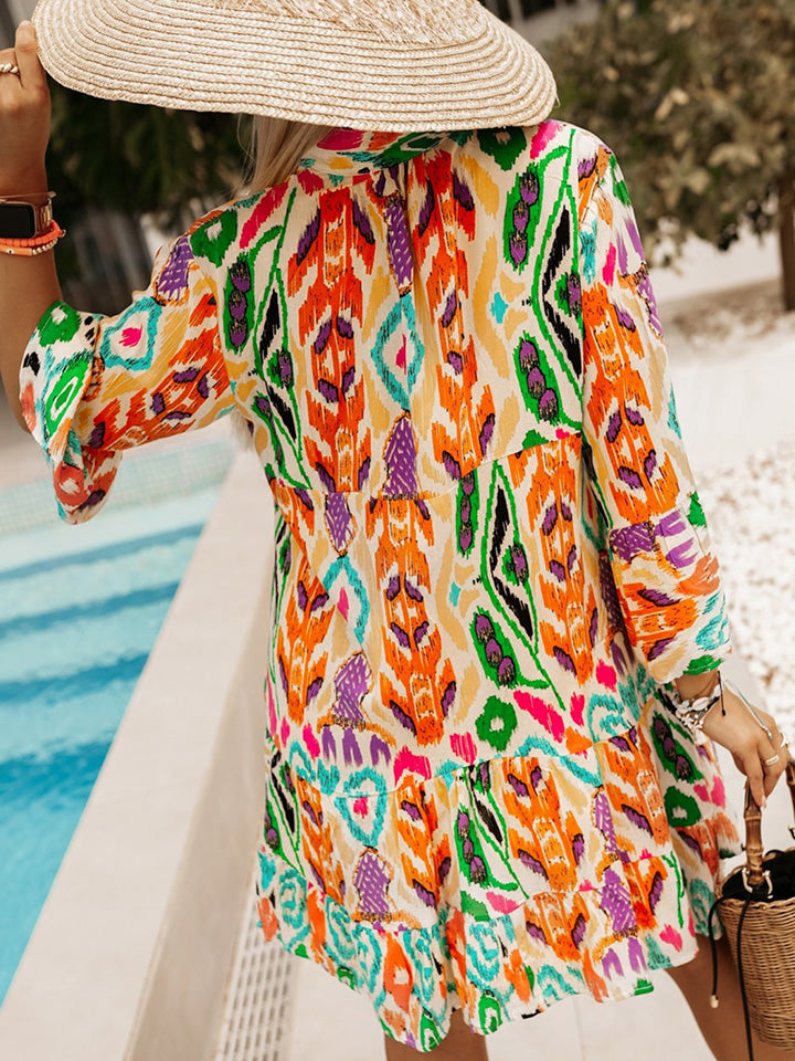 Printed Buttoned Long Sleeve Dress Multicolor by Trendsi | BlingxAddict