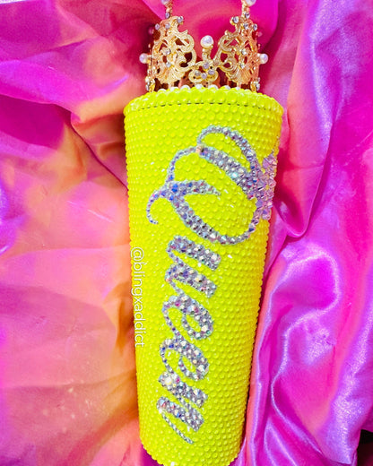 ‘Queen Tingz’ Highlighter Yellow Crown Crystal Starbucks Tumbler Cup Tumblers by Bling Addict | BlingxAddict