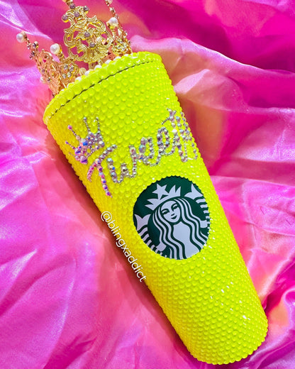 ‘Queen Tingz’ Highlighter Yellow Crown Crystal Starbucks Tumbler Cup Tumblers by Bling Addict | BlingxAddict