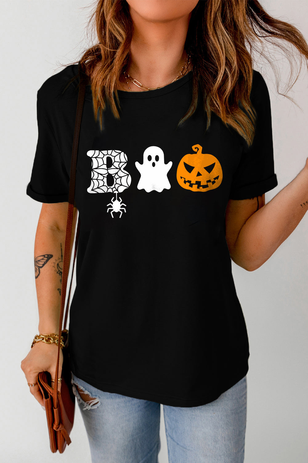 Round Neck Short Sleeve BOO Graphic T-Shirt Black S by Trendsi | BlingxAddict
