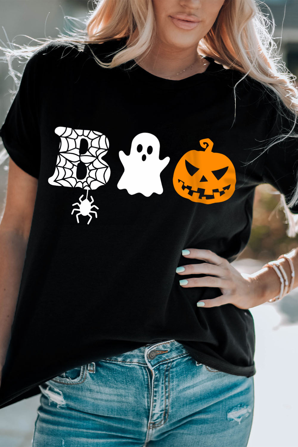 Round Neck Short Sleeve BOO Graphic T-Shirt Black by Trendsi | BlingxAddict