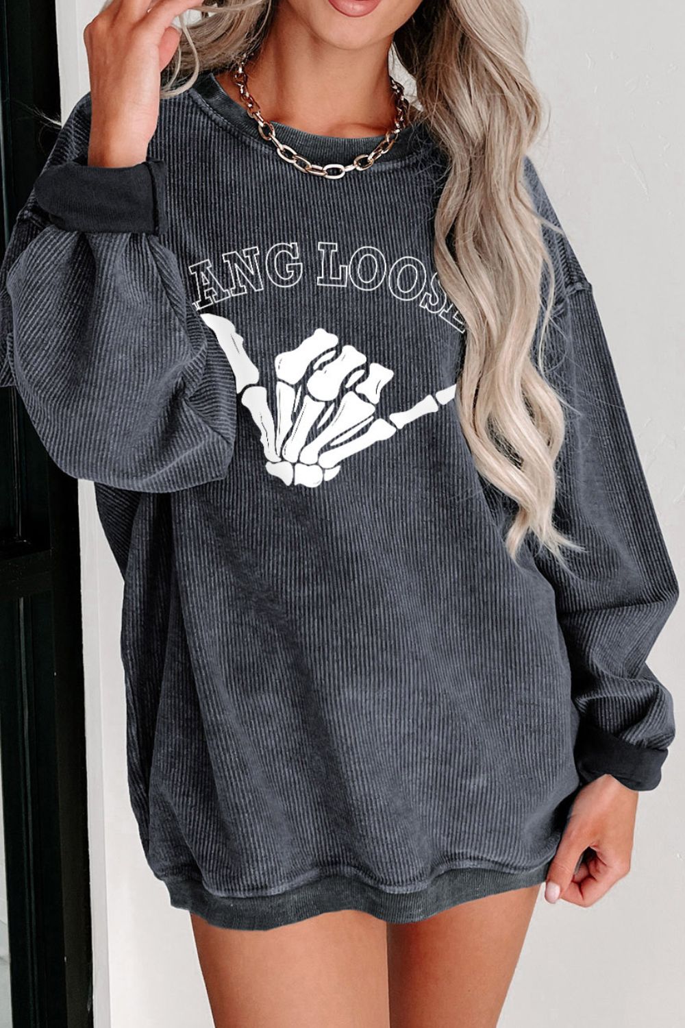Skeleton Hand Graphic Sweatshirt Charcoal CLOTHING, SHOES & ACCESSORIES by Trendsi | BlingxAddict