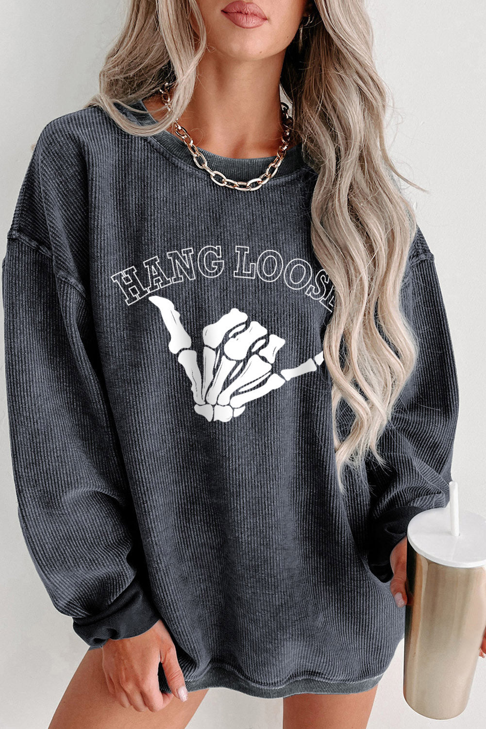 Skeleton Hand Graphic Sweatshirt Charcoal S CLOTHING, SHOES & ACCESSORIES by Trendsi | BlingxAddict