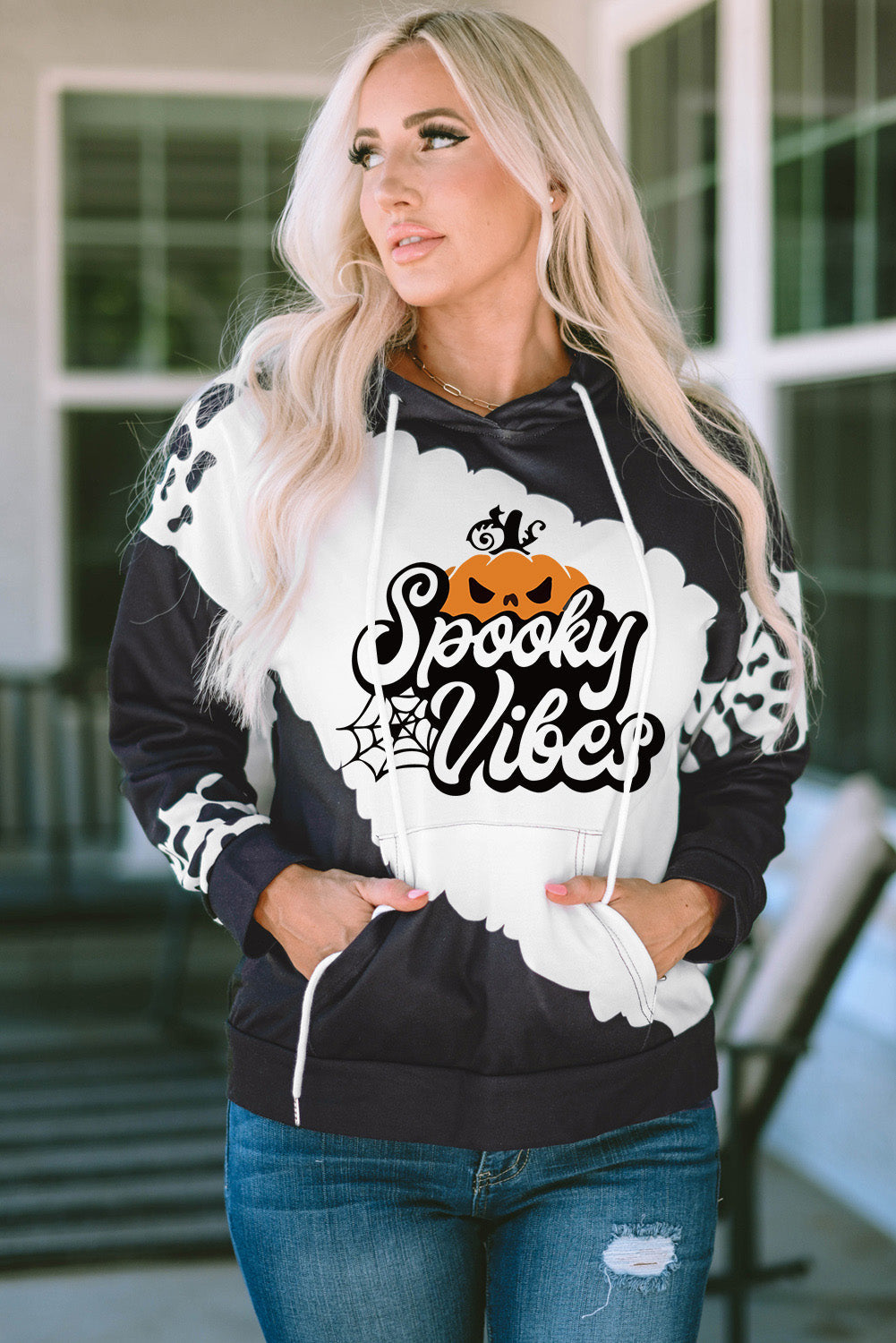 SPOOKY VIBES Graphic Hoodie with Pocket Black S CLOTHING, SHOES & ACCESSORIES by Trendsi | BlingxAddict