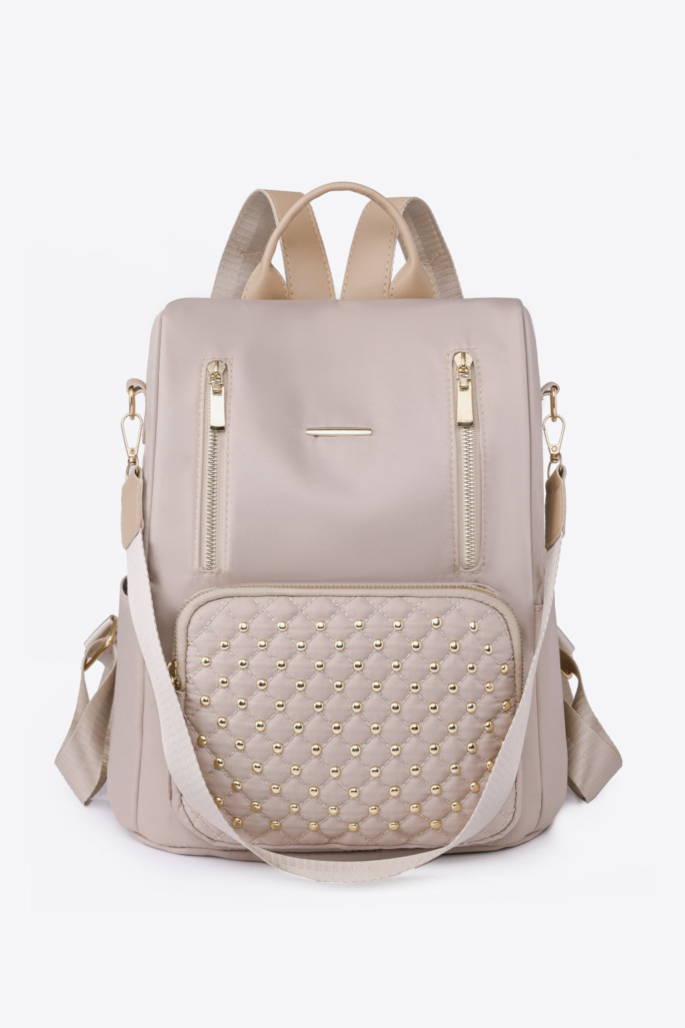 Zipper Pocket Beaded Backpack Beige One Size by Trendsi | BlingxAddict