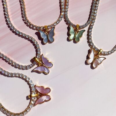 Zircon 18K Gold-Plated Butterfly Pendant Necklace Misty Blue One Size Jewelry by Trendsi | BlingxAddict