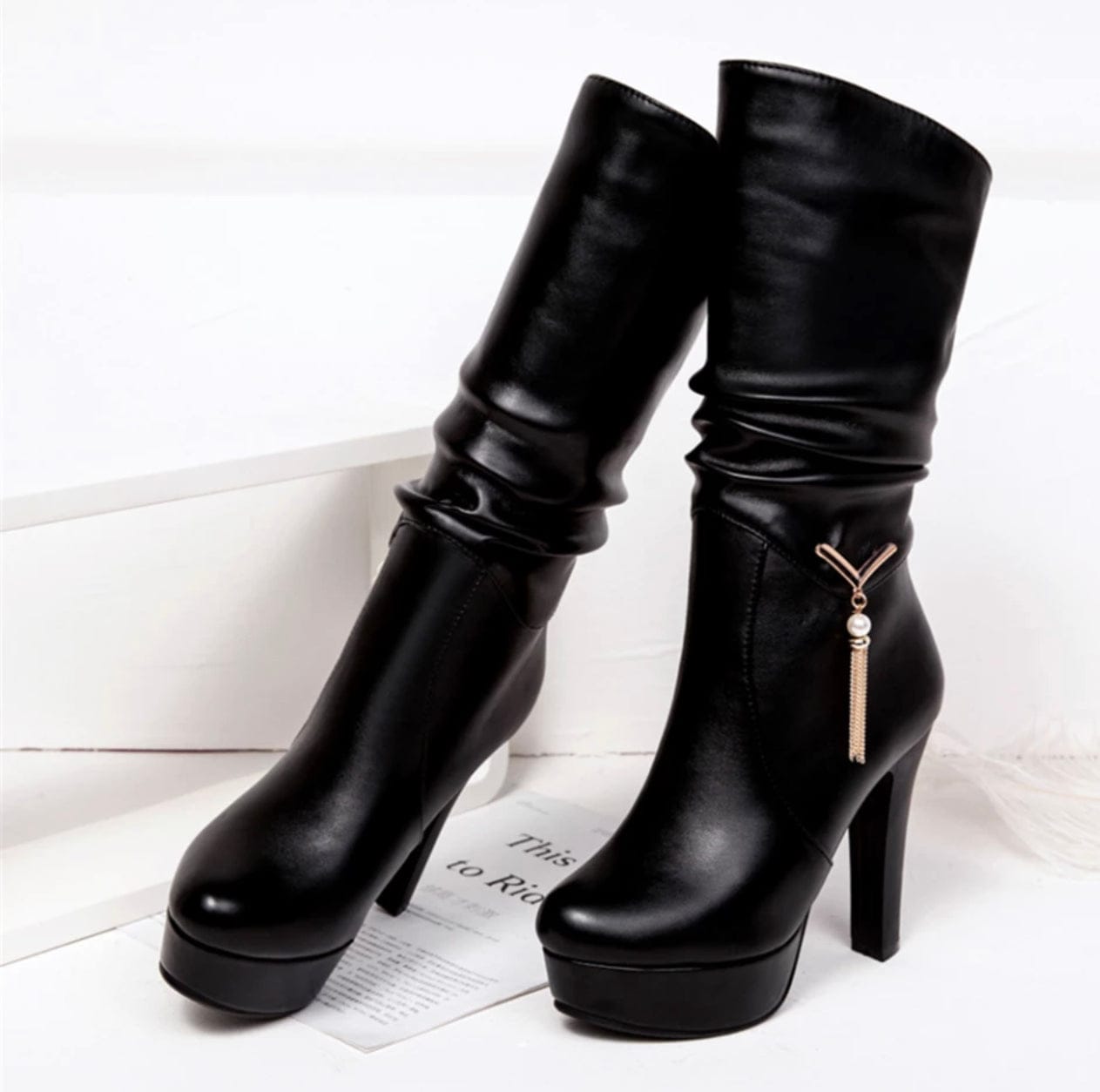'0010' Pleated Mid-Calf Boots Black 4 Shoes by Bling Addict | BlingxAddict