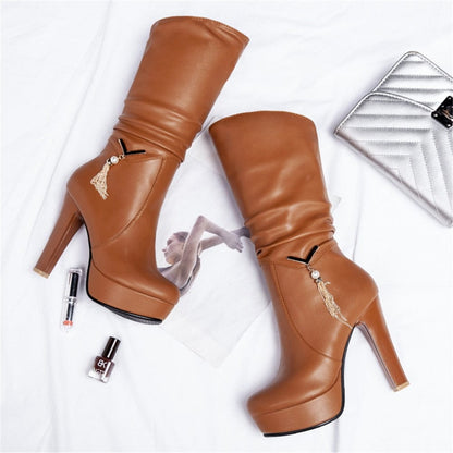 '0010' Pleated Mid-Calf Boots Shoes by Bling Addict | BlingxAddict