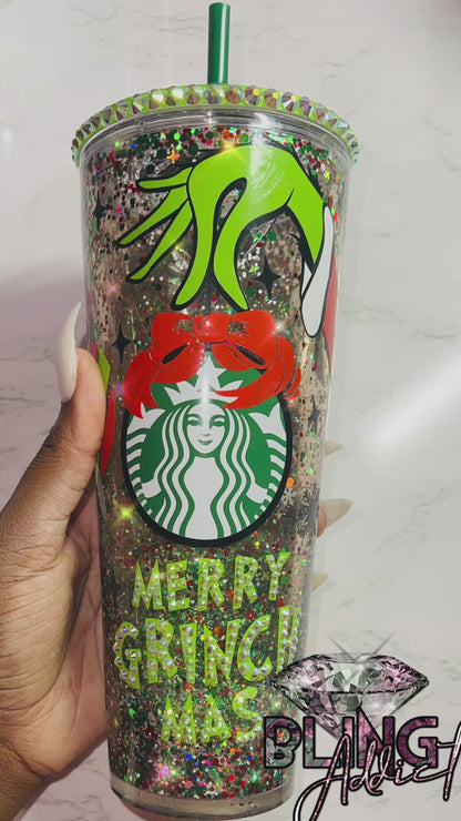 Merry Grinchmas Glitter Globe Bling Crystal Starbucks Tumbler