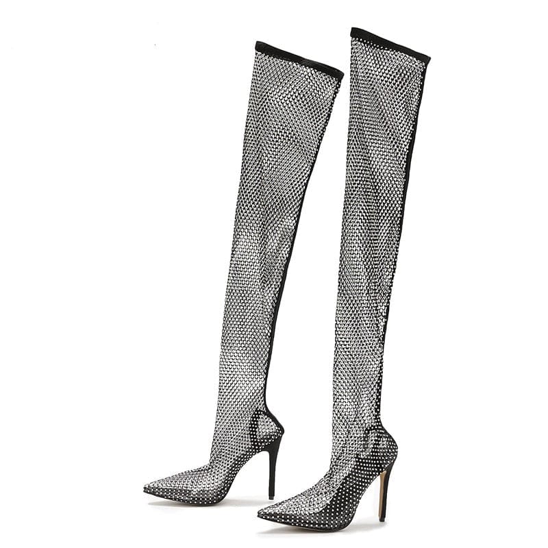 'All About The Glitz" Rhinestone Transparent Mesh Stretch High Heels by BlingxAddict | BlingxAddict