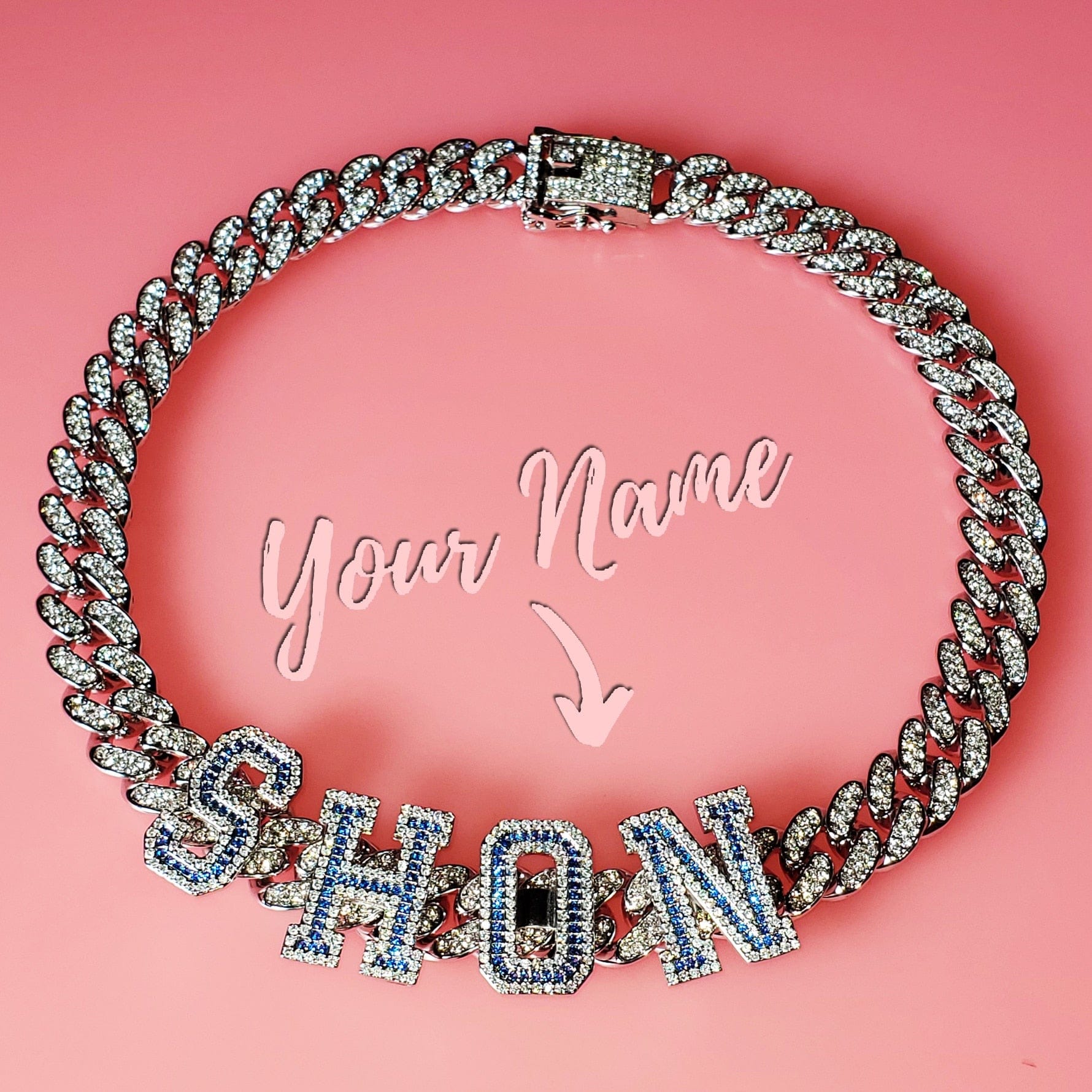 'All Star' Blue CZ Custom Name Curb Choker SILVER Necklaces by Bling Addict | BlingxAddict