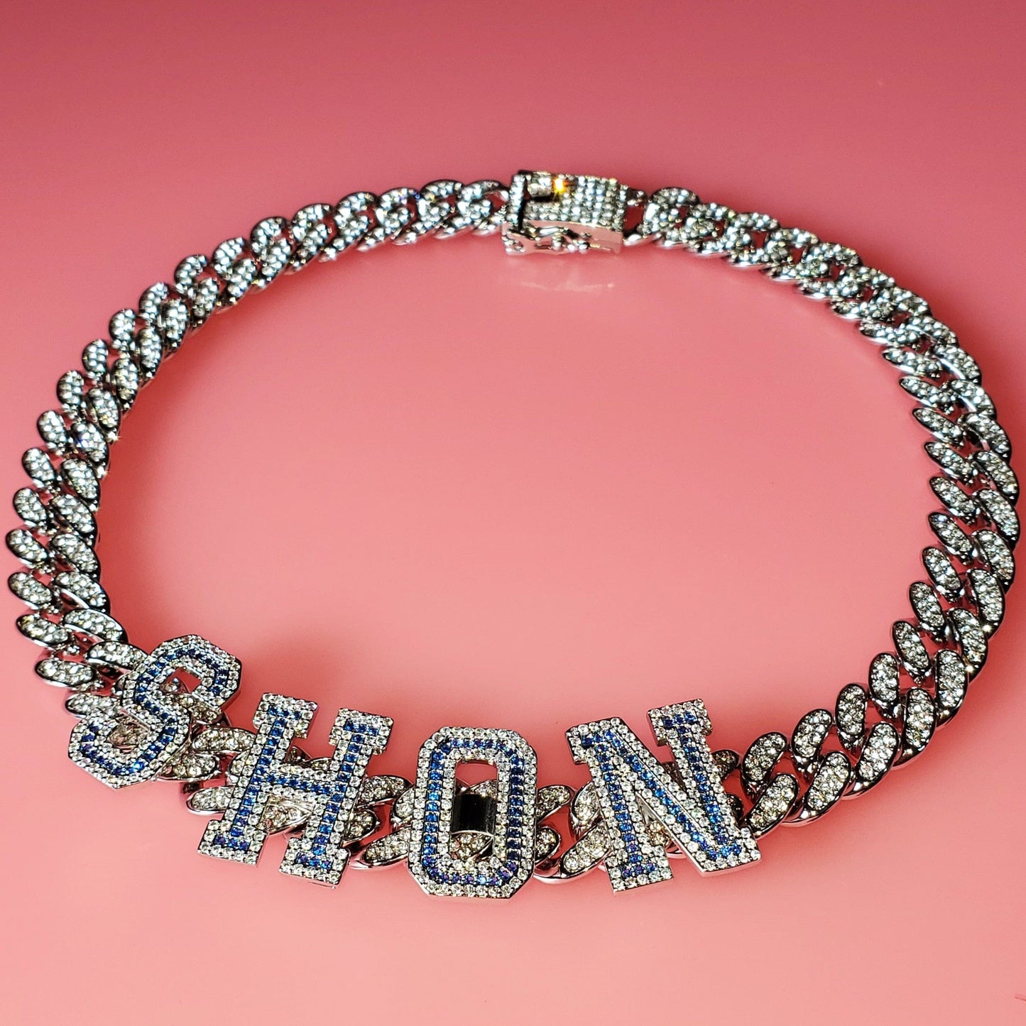 'All Star' Blue CZ Custom Name Curb Choker SILVER Necklaces by Bling Addict | BlingxAddict
