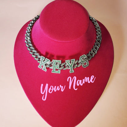 'All Star' Green CZ Custom Name Curb Choker Necklaces by Bling Addict | BlingxAddict