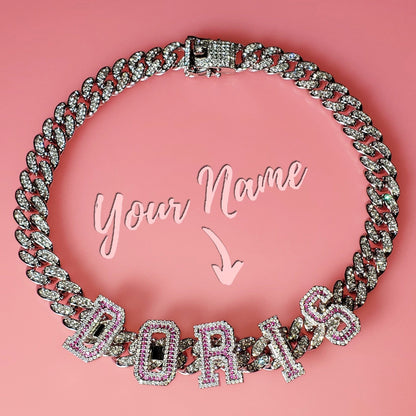'All Star' Pink CZ Custom Name Curb Choker SILVER Necklaces by Bling Addict | BlingxAddict