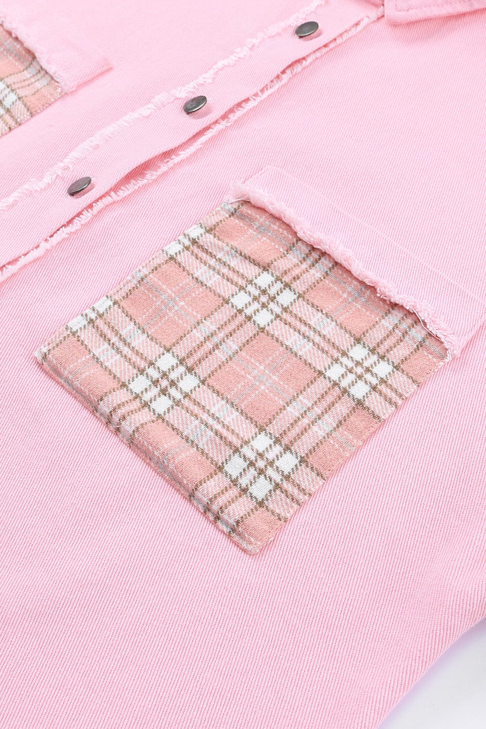 'Bubblegum' Plaid Raw Trim Shacket Pink CLOTHING, SHOES & ACCESSORIES by Trendsi | BlingxAddict