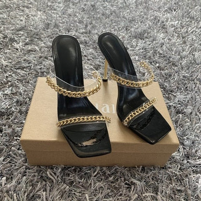 'Chained Up' Square Mules black 9 Slippers by Bling Addict | BlingxAddict