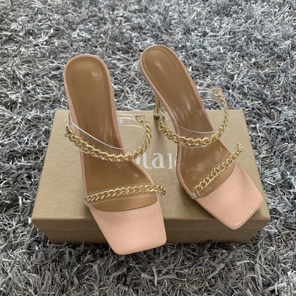 'Chained Up' Square Mules nude 9 Slippers by Bling Addict | BlingxAddict
