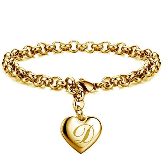 'Charmed' Initial Charm Gold Stainless Steel Heart Bracelet D Bracelets by Bling Addict | BlingxAddict