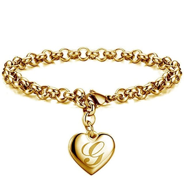 'Charmed' Initial Charm Gold Stainless Steel Heart Bracelet G Bracelets by Bling Addict | BlingxAddict
